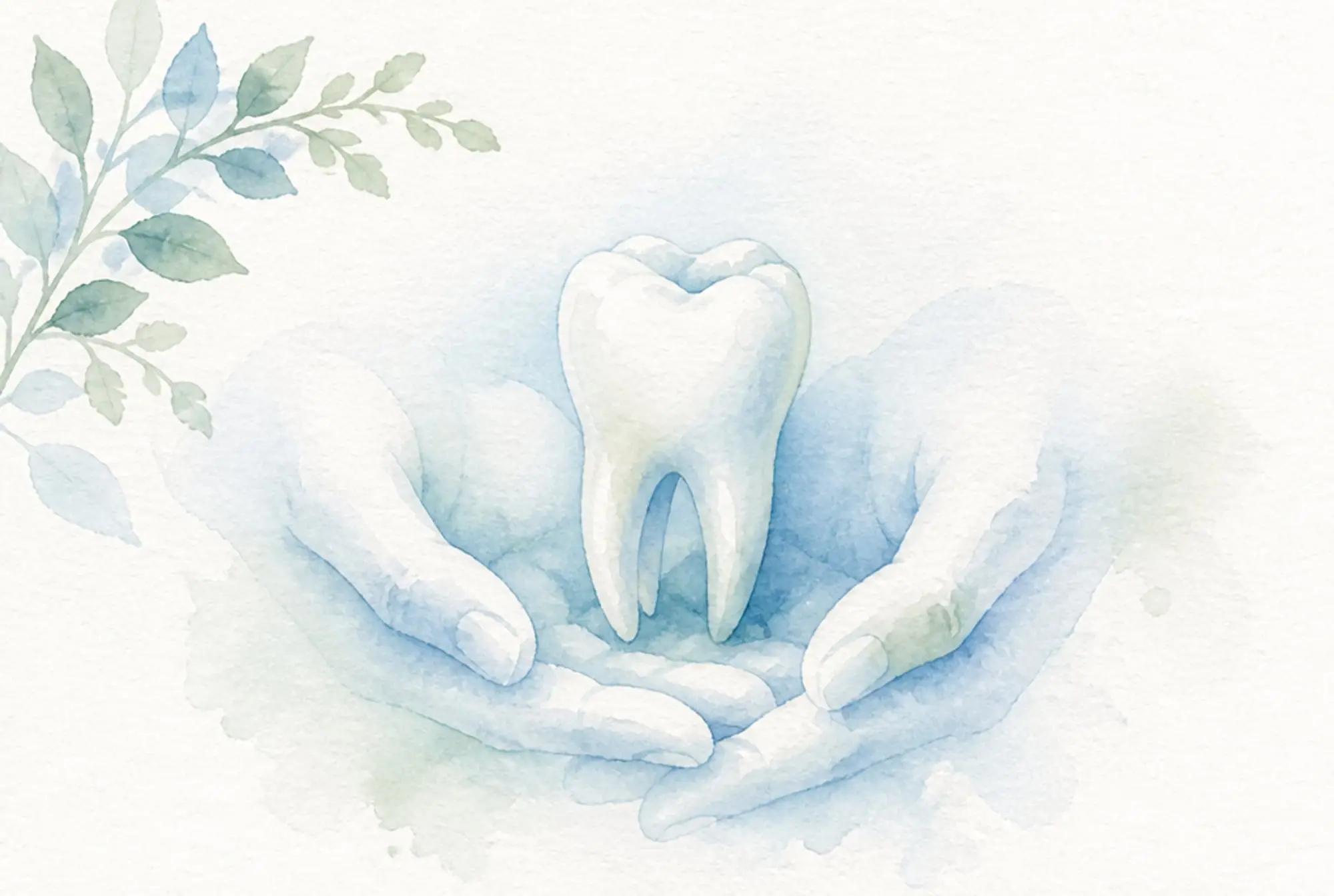 Watercolor of a whole natural tooth with intact roots cradled in gentle cupped hands, in soft azure and spring green