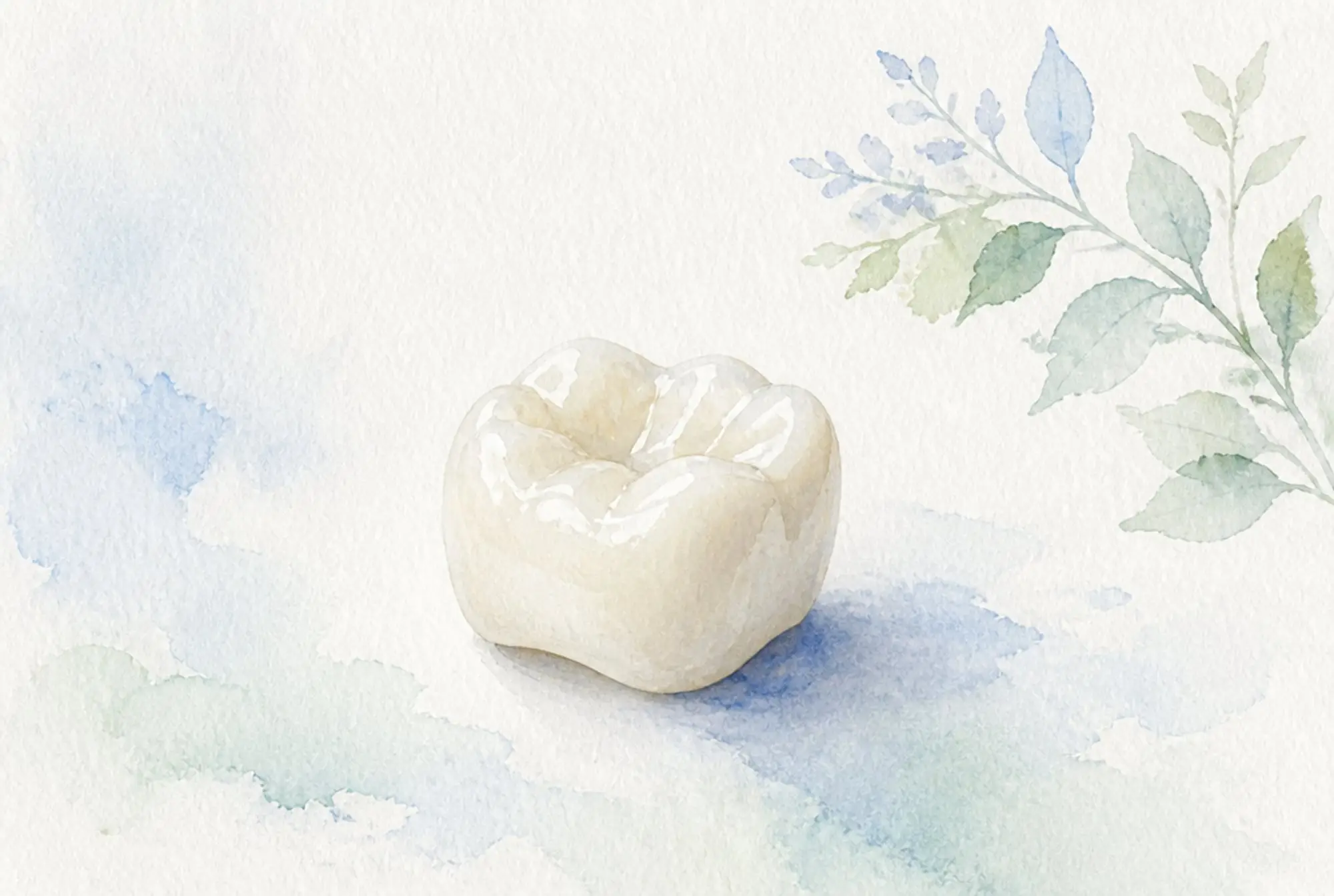 Watercolor of a porcelain dental crown in soft azure and spring green
