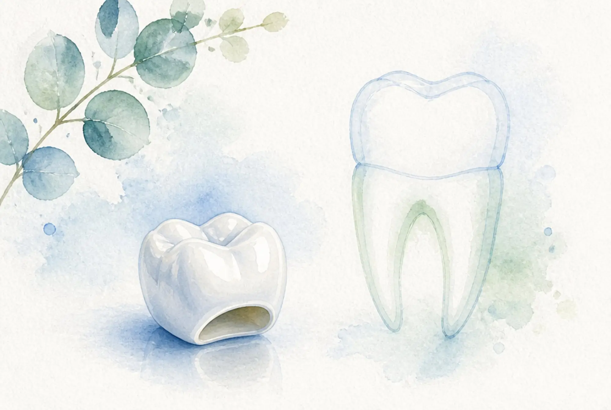 Watercolor of a porcelain dental crown cap beside a whole tooth silhouette in soft azure and spring green