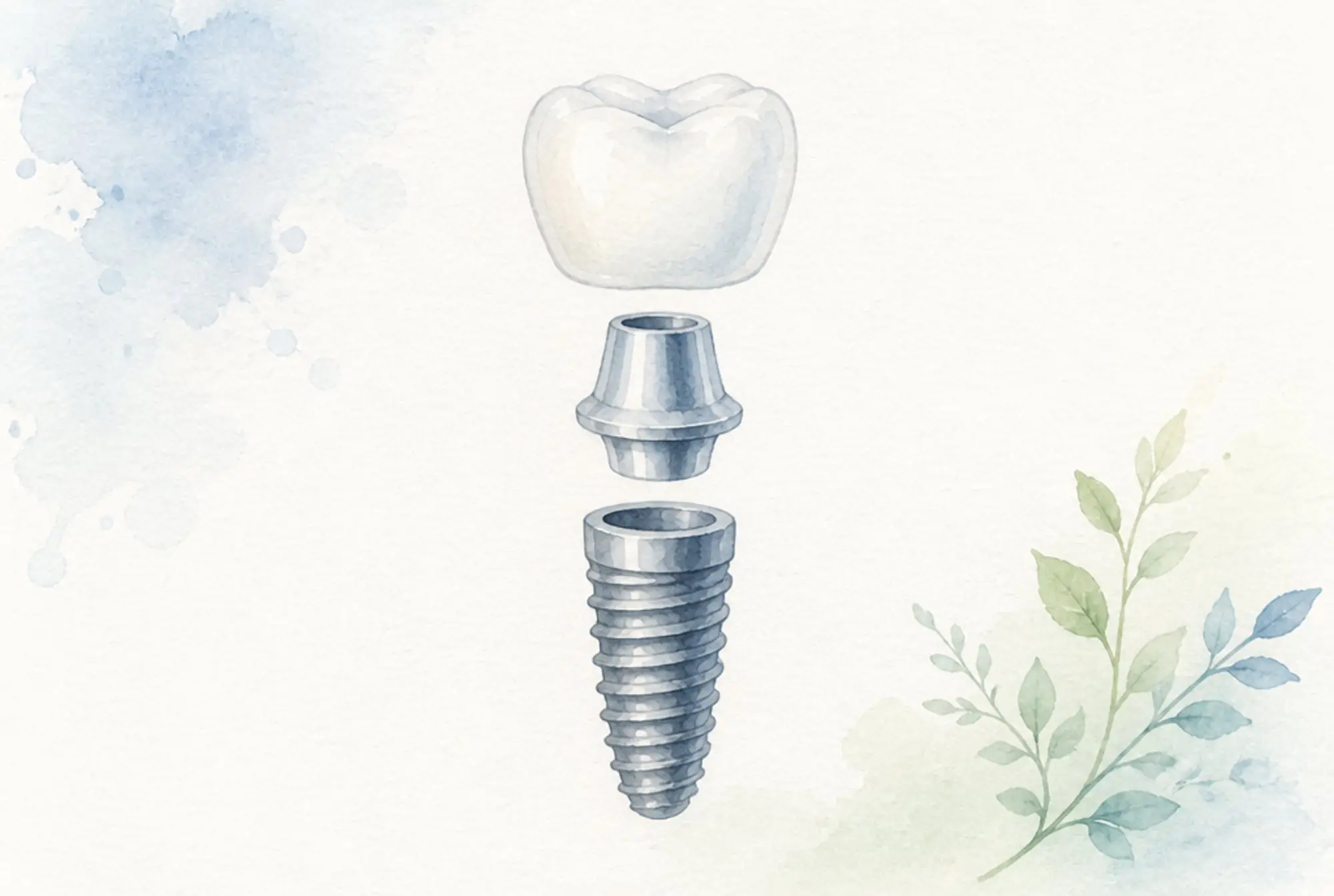 Watercolor of a dental implant crown, abutment, and titanium post in soft azure and spring green