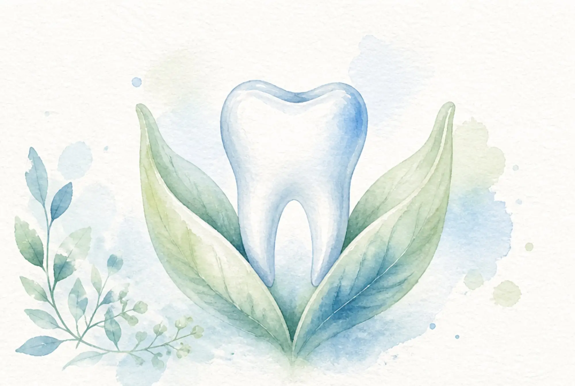 Watercolor of a healthy tooth cradled by protective green leaves in soft azure and spring green