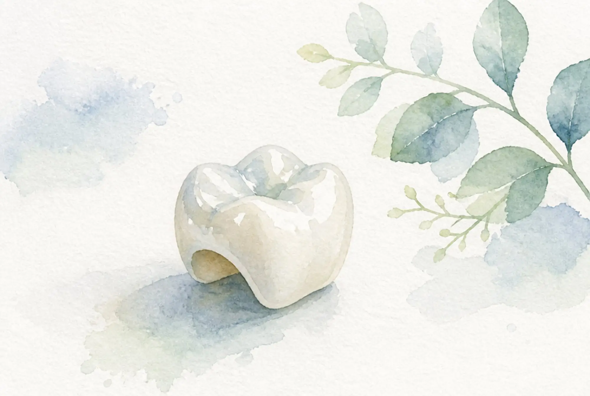 Watercolor of a porcelain dental crown cap in soft azure and spring green