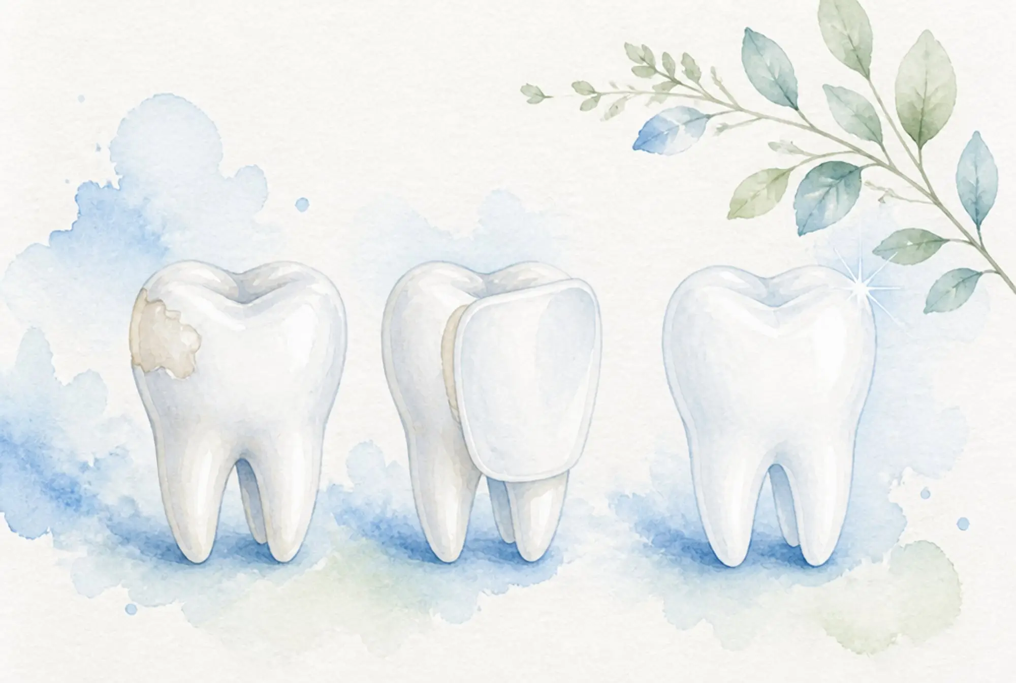 Watercolor of three teeth as treatment choices, one bonded, one wearing a veneer shell, one freshly whitened, in soft azure and spring green