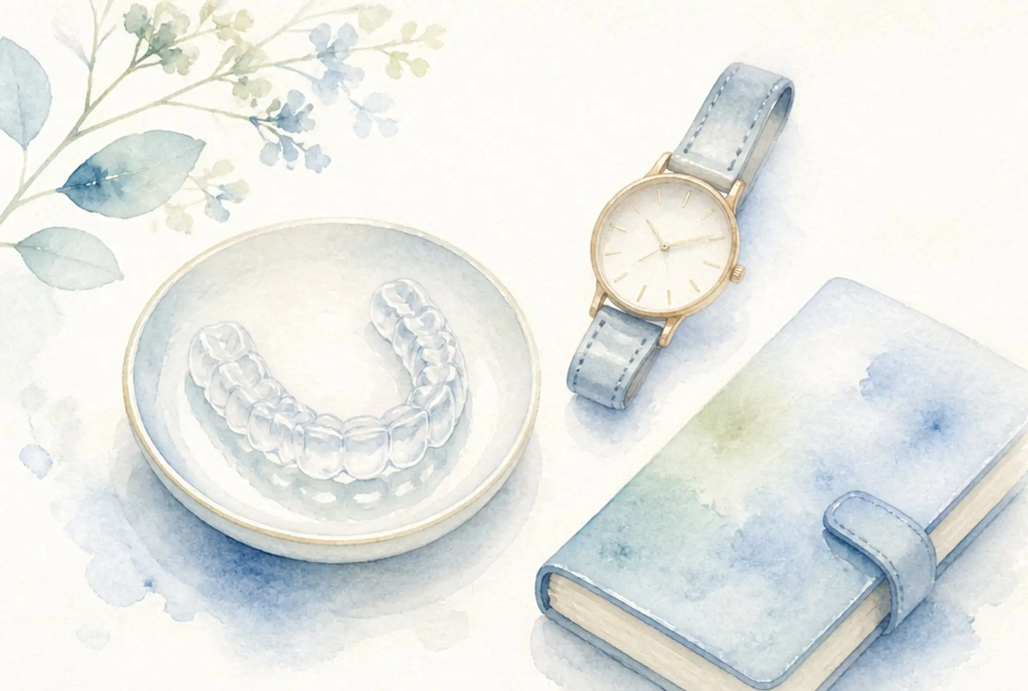 Watercolor of a clear aligner tray in a dish beside a wristwatch and planner in soft azure and spring green