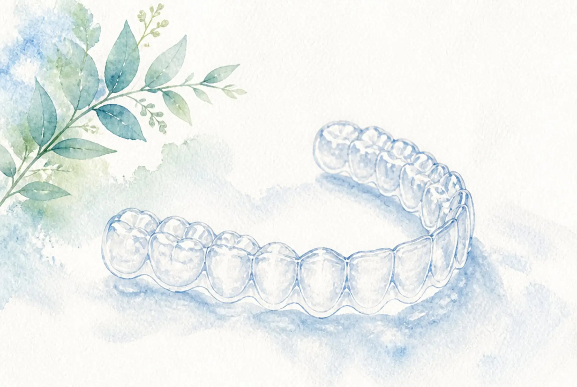 Watercolor of a clear dental aligner tray in soft azure and spring green