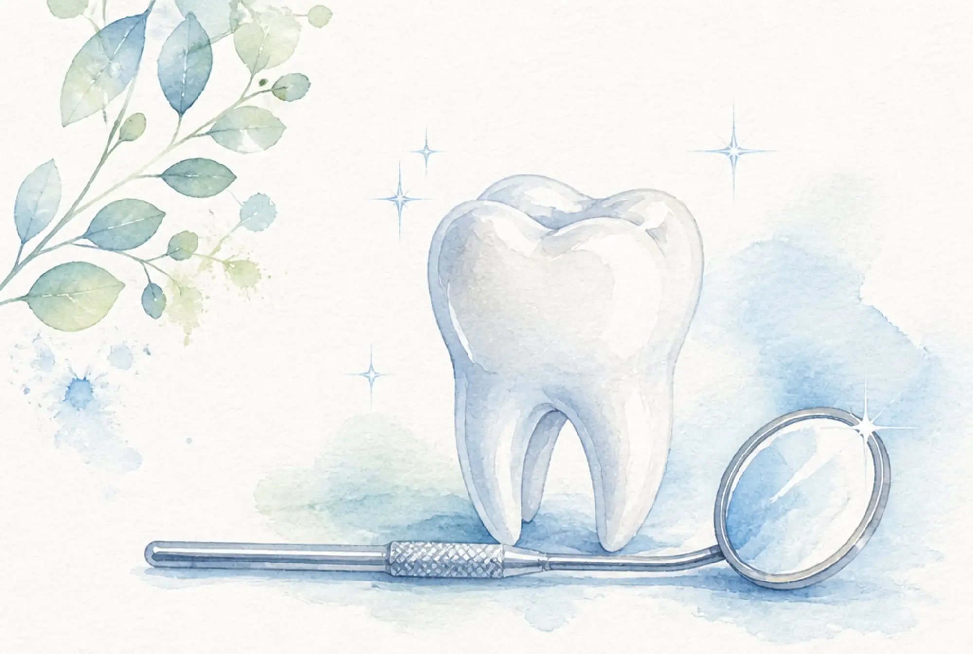 Watercolor of a gleaming clean tooth beside a dental mirror in soft azure and spring green