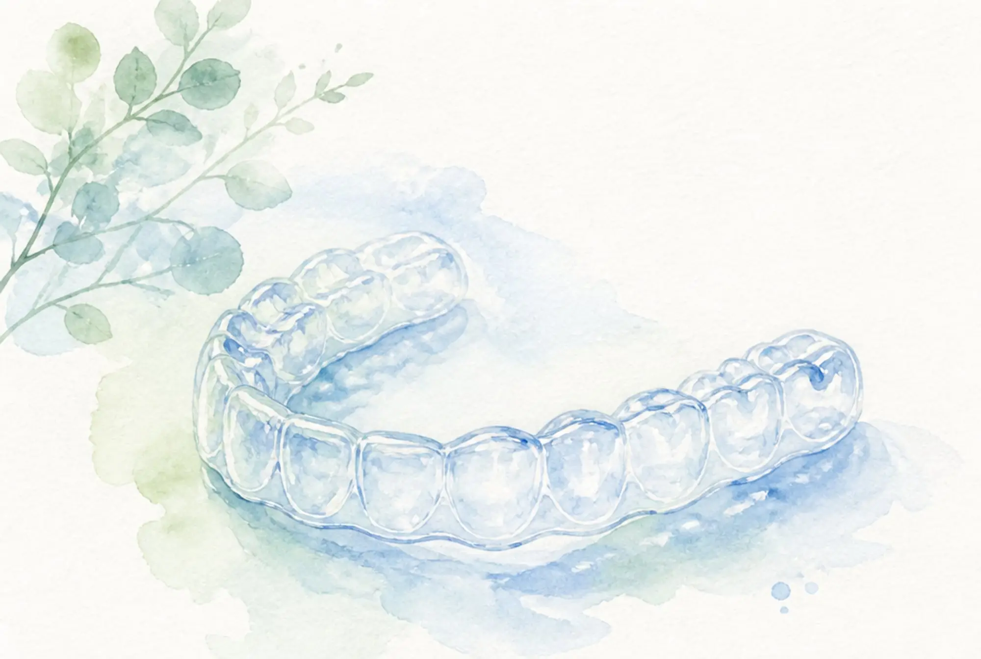Watercolor of a single translucent clear aligner tray in soft azure and spring green
