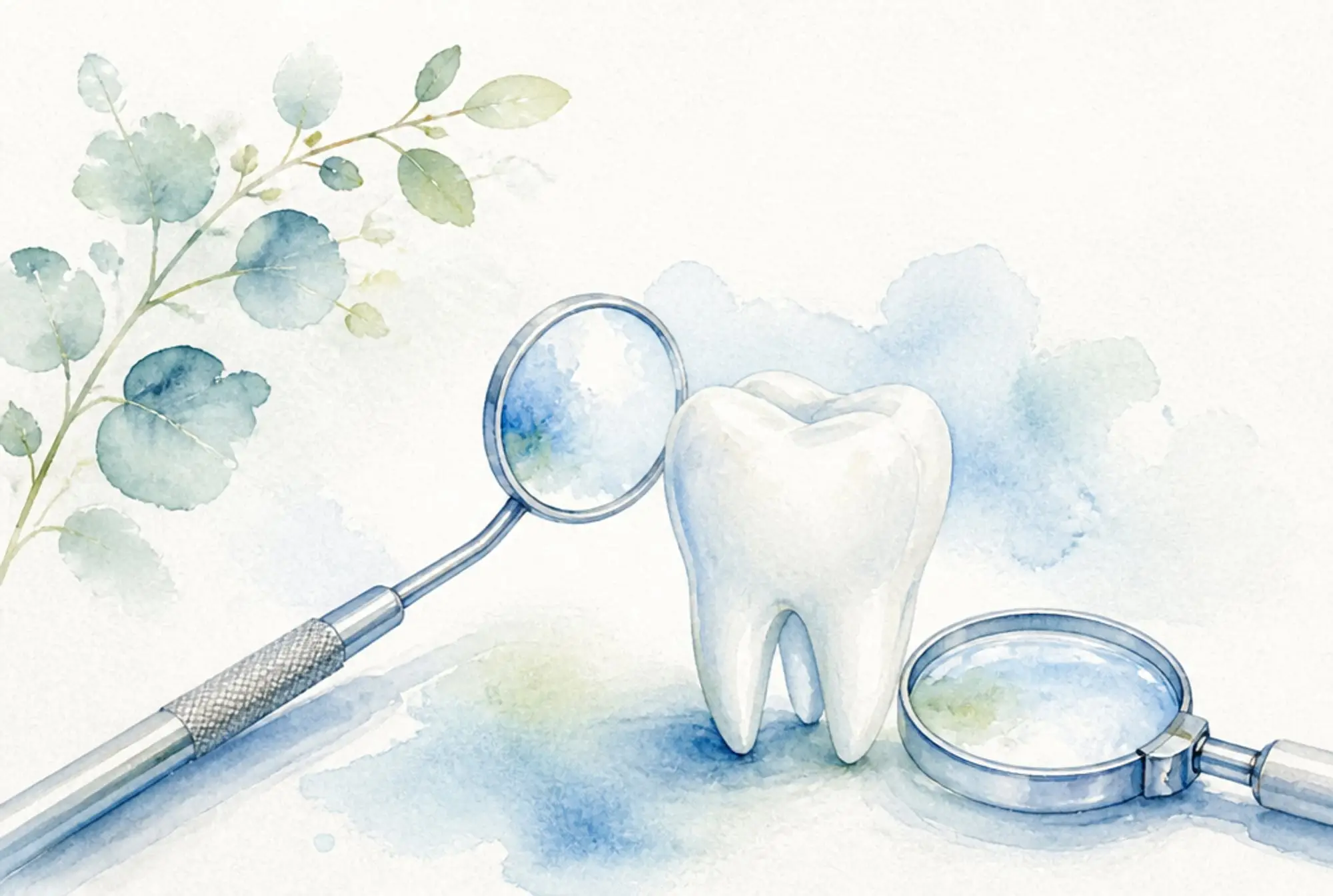 Watercolor of a dental mirror, a single tooth, and a magnifying loupe in soft azure and spring green