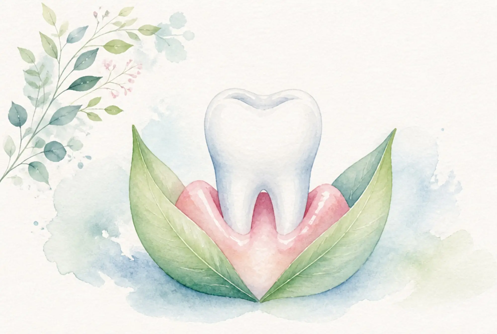 Watercolor of a tooth cradled in healthy gum tissue and green leaves in soft azure and spring green
