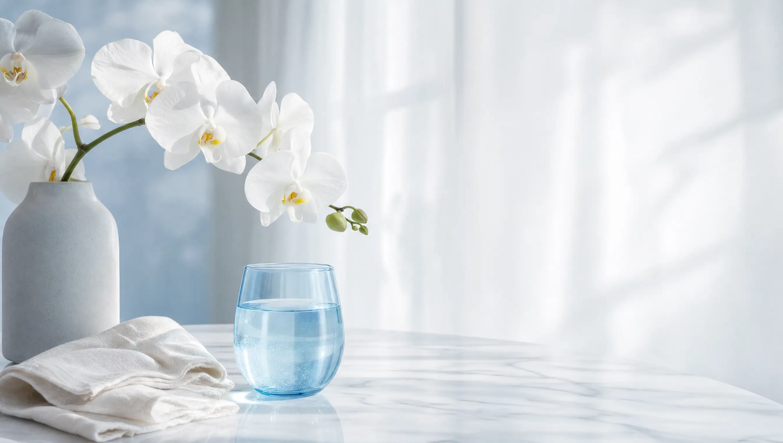 Sunlit porcelain still life with a white orchid and a pale blue glass of water