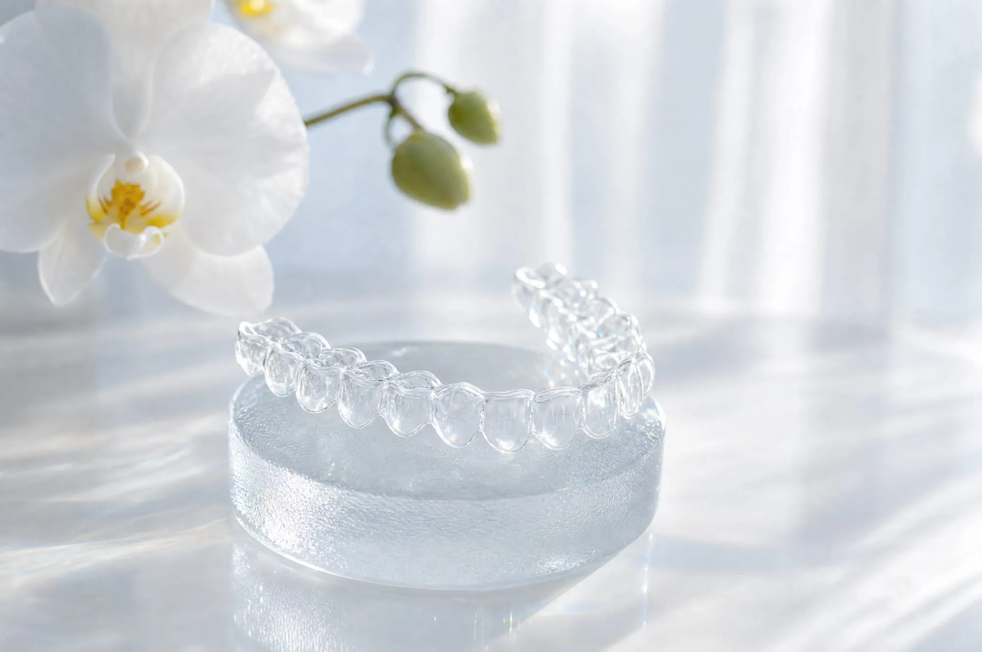 A clear aligner tray catching light on a frosted glass riser