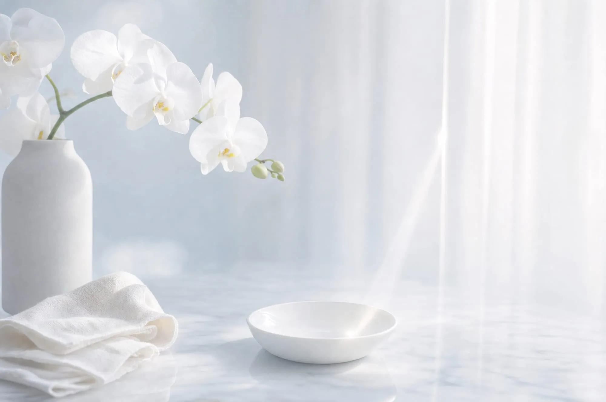 A pinpoint of morning light falling through sheer curtain onto a porcelain bowl