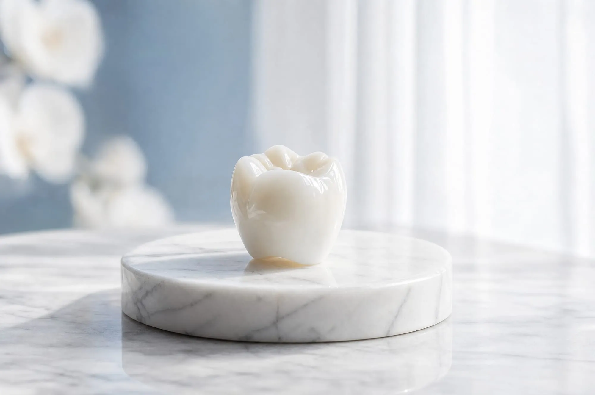 A single porcelain crown displayed on a small marble plinth in soft light