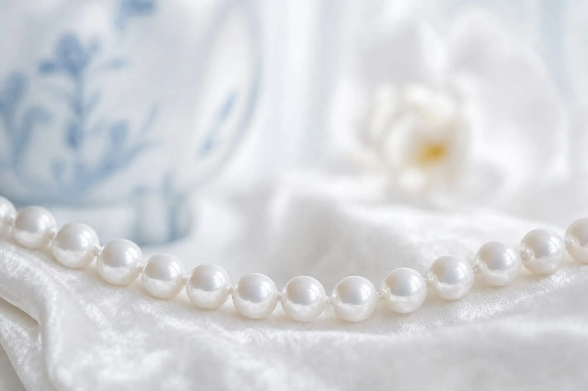 A string of pearls draped across white velvet in soft light