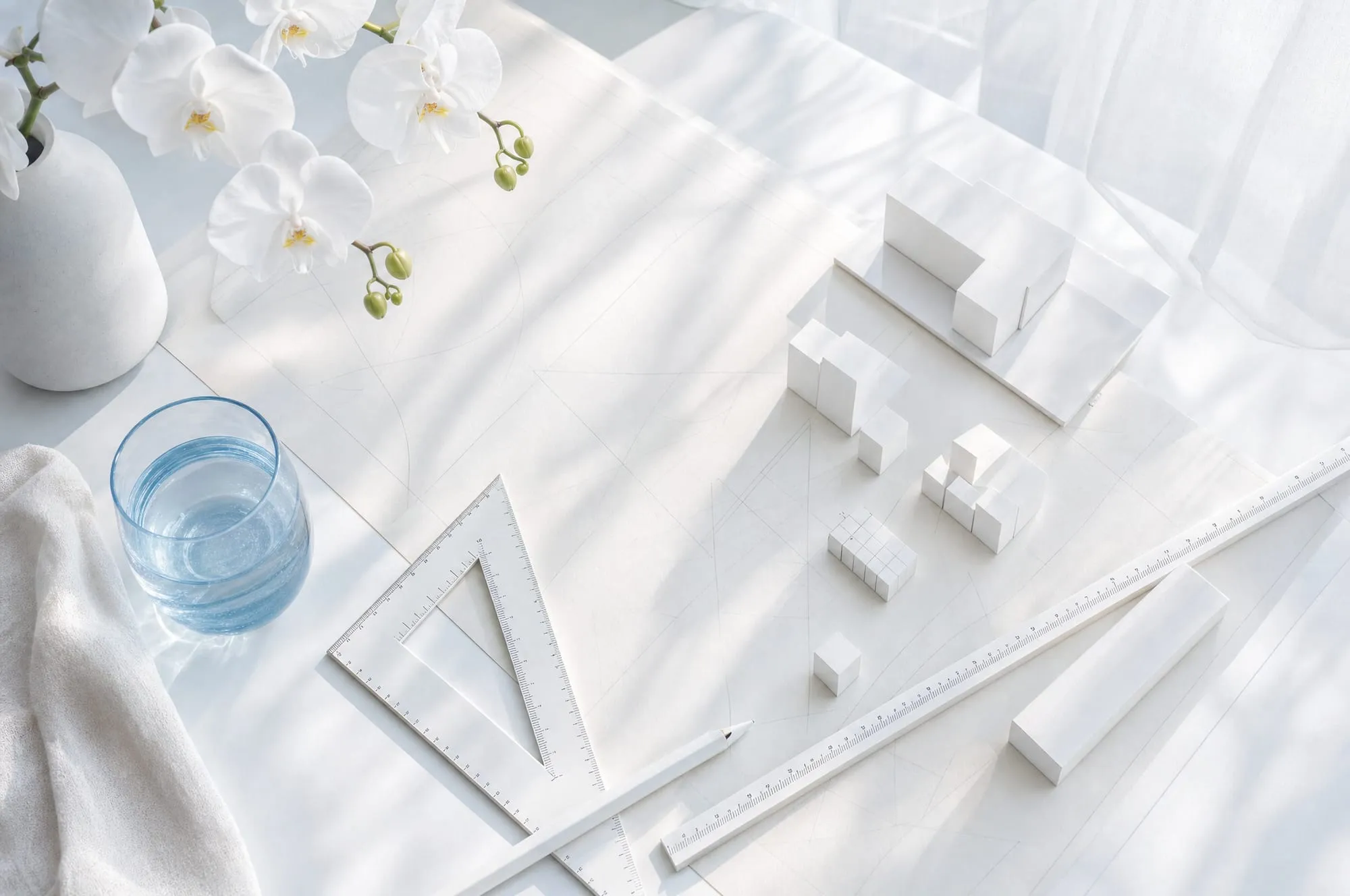 White architectural model tools resting on ivory paper in morning light