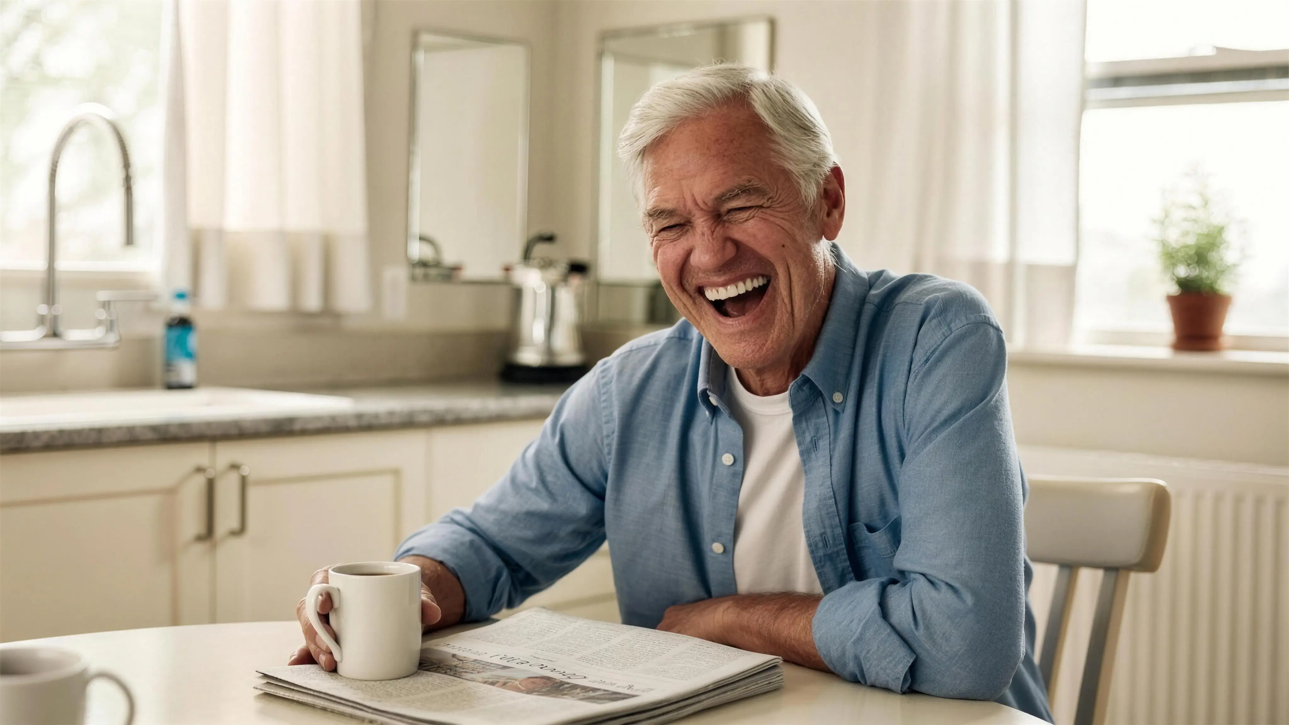 An older man laughing over coffee and the paper at his kitchen table