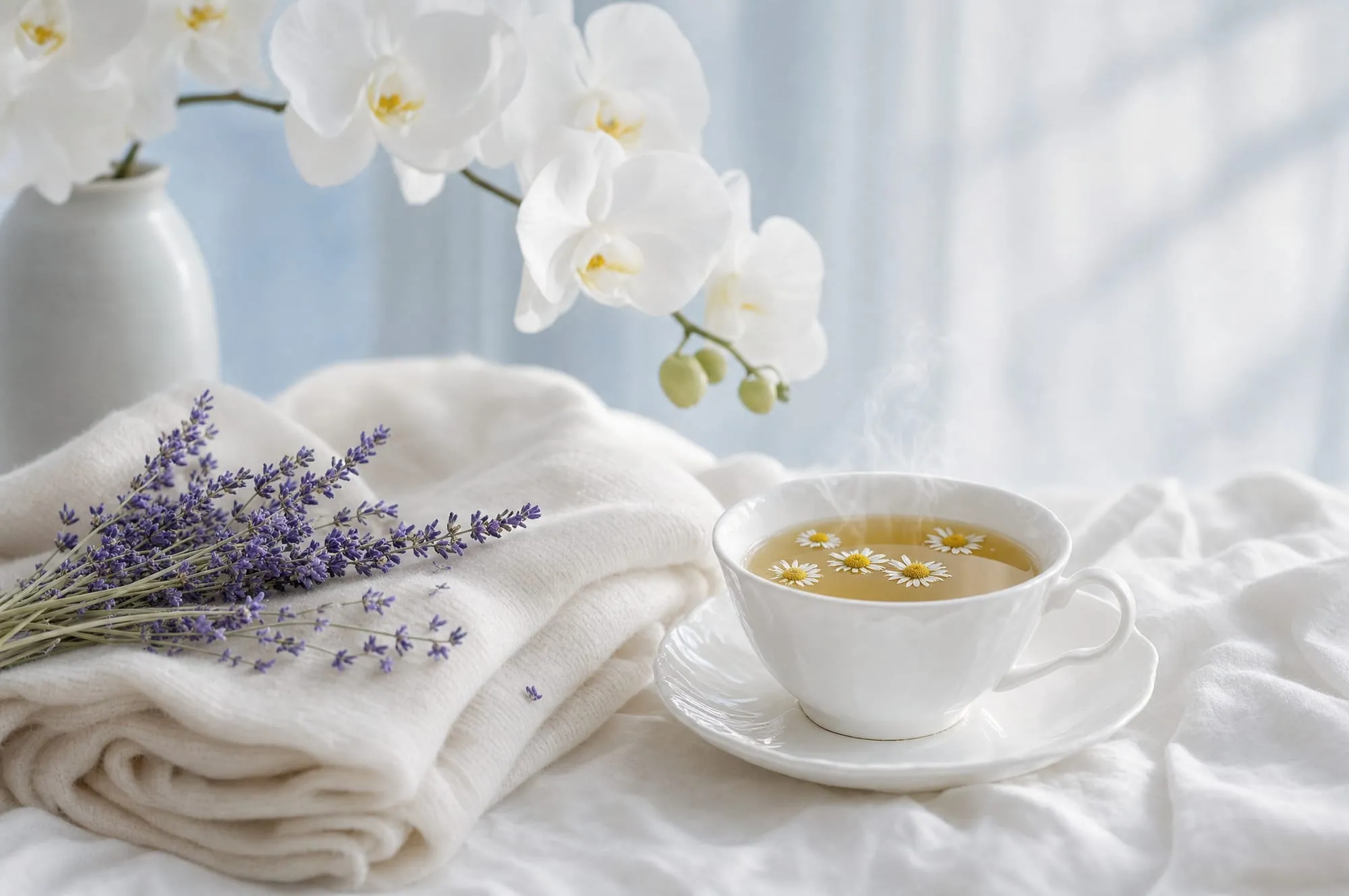 Lavender sprigs and a cup of chamomile tea resting on folded linen