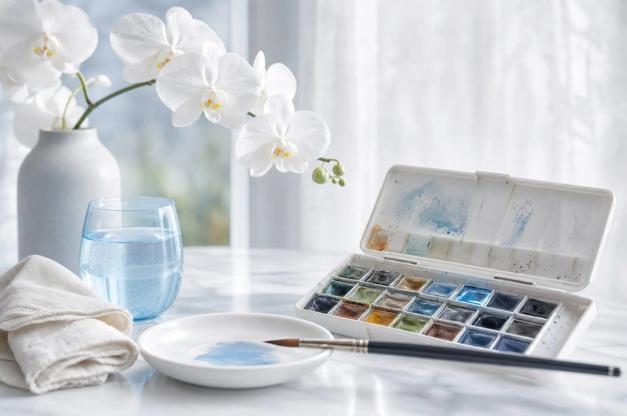 A watercolor set with an azure pan beside a white porcelain dish
